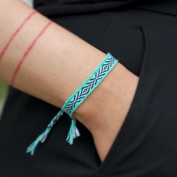 CUYA Jewelry - Aquamarine Boho Woven Bracelet, Beach Bracelet, Slim Bracelet, Textile Cloth OS